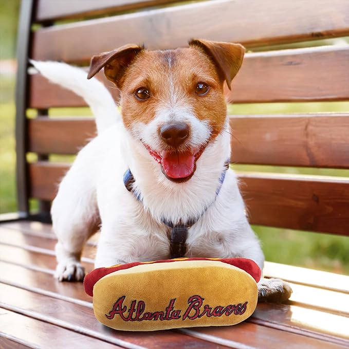 MLB Atlanta Braves Plush Dog Toys - Stadium Theme Snacks - Cutest Plush HOT-Dog Toy for Dogs & Cats with Inner Squeaker & Premium Embroidery of Baseball Team Name/Logo