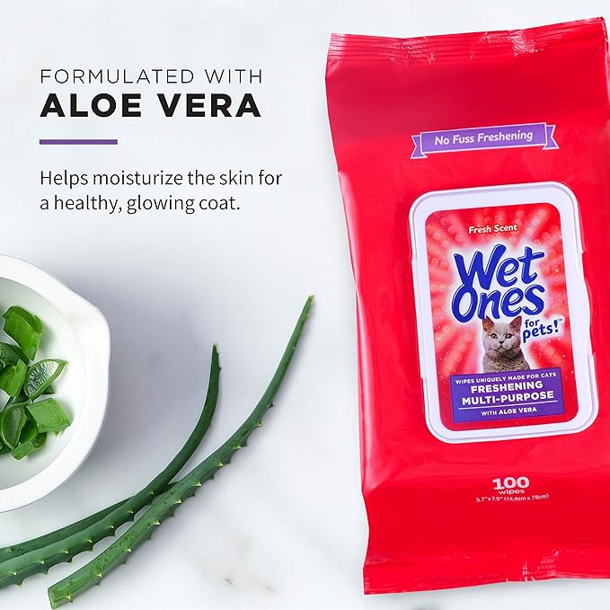 Wet Ones for Pets Freshening Multipurpose Cat Wipes with Aloe Vera, Fresh Scent - Easy to Use Cat Freshening and Grooming Wipes with Wet Lock Seal, 100 Count