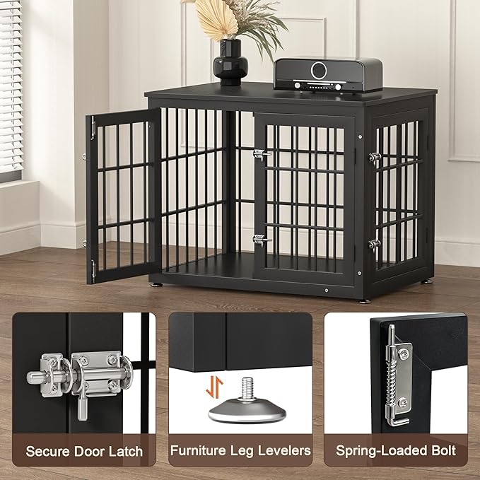 rehomerance 32 Inch Heavy Duty Dog Crate Furniture for Medium and Small Dogs, Decorative Pet House End Table, Wooden Cage Kennel Furniture Indoor, Black