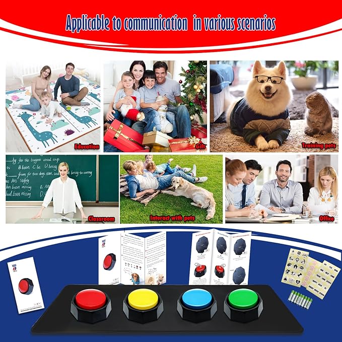 Recordable Buttons, Dog Buttons for Communication, Pack of 4 Colored Buzzers with Mat & 30 Scene Stickers 15 Custom Stickers. Non-Slip Stickers Inside