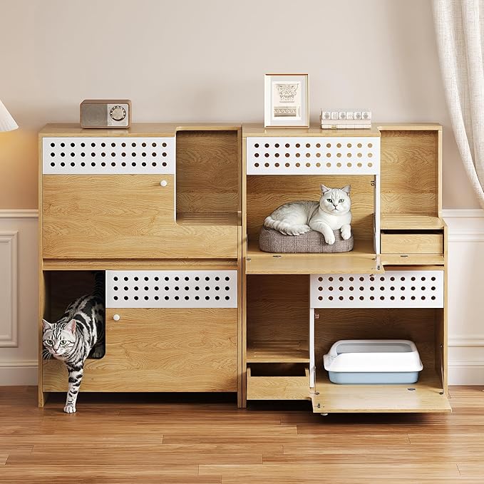 GDFStudio 44" Modern Cat Litter Box Enclosure Furniture, 2 in 1 Cat Furniture Set with Storage Shelf and Flip Door, Wooden Indoor Cat House, Space Saving Pet Furniture, Natural