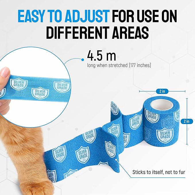 SILVER GRADE Vet Wrap for Dogs, Cats, Horses – 6 Elastic Self-Adhesive Bandages to Protect from Licking – Dog Bandage for Wounds – Natural Rubber Latex Wrap for All Breeds – 2-inch Rolls