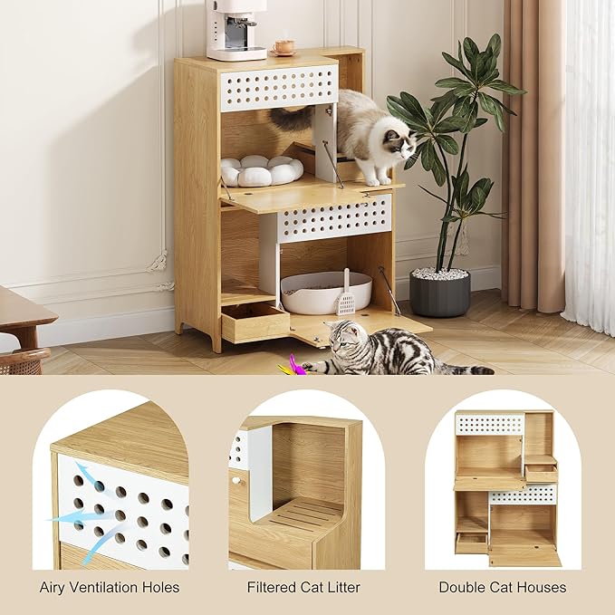 GDFStudio 44" Modern Cat Litter Box Enclosure Furniture, 2 in 1 Cat Furniture Set with Storage Shelf and Flip Door, Wooden Indoor Cat House, Space Saving Pet Furniture, Natural