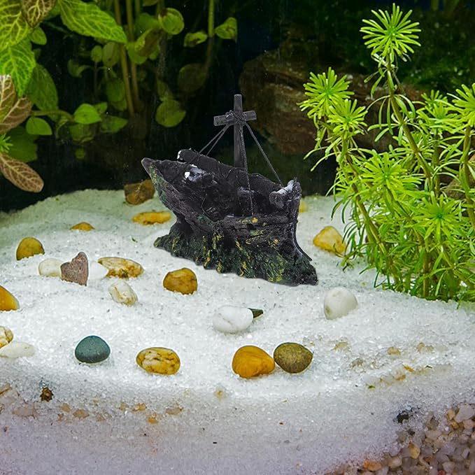 FRCOLOR Aquarium Shipwreck Decor Pirate Ship Wreck Figurine Fish Tank Ornament 4.52X1.96X3.14 Inch Resin Hideout for Betta Fish and Aquatic Pets