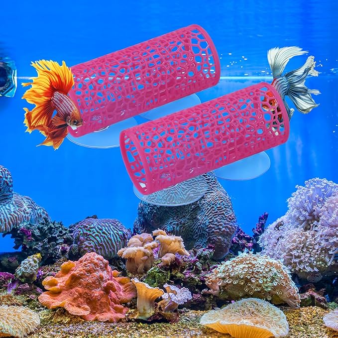 Honeydak 2 Pcs Betta Fish Tank Accessories Betta Tunnel Fish Toys Safe Hollow Hammock Cave Aquarium Decor with Suction Cups for Small Shrimp Reptile Guppies(Pink,Hideout Tube)