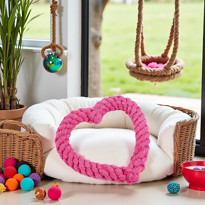 Pink Cute Dog/Cat Chew Toys, Dog Toys for Chewers, Heavy Duty Dental Dog Rope Toy for Dogs, Creative Love Heart Shaped Interactive Rope Dog Toys, Cotton Puppy Teething Chew Tug Toy Dark, Ropes