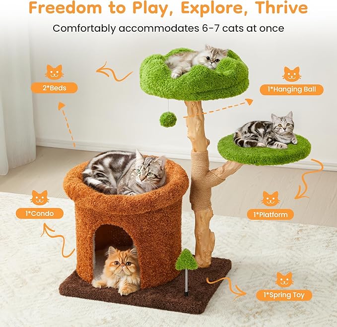 Fansafurn Cat Tree with Scratching Posts, Multi-Level Cute Cat Tower for Playful Cats and Multiple Cats, 32" Wooden Climbing Tower with Natural Wood, Bed & Condo