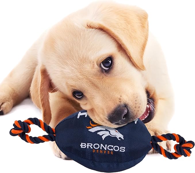 Pets First NFL Denver Broncos Football Dog Toy, Tough Quality Nylon Materials, Strong Pull Ropes, Inner Squeaker, NFL Team Color