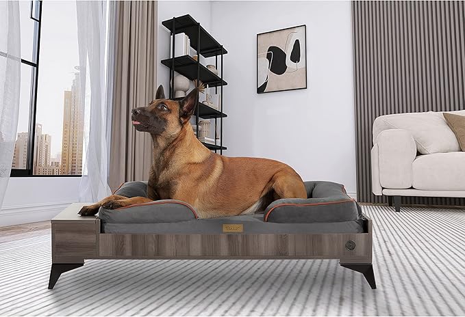 Wooden Dog Bed with Mattress, Large to Extra Large Water-Resistant Elevated Pet Bed, Wooden Pet Bed with Storage, Greenguard Gold Certified, Machine Washable, Smokey Grey, Wyatt - TailZzz