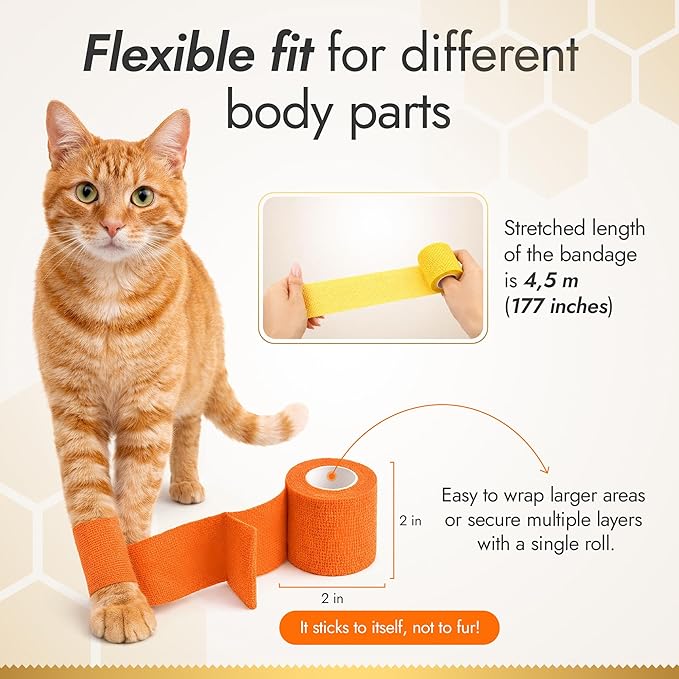 Self-Adhering Cat and Dog Wound Care Bandages – 6 pcs x 5 cm Set of Elastic Dog Bandages for Wounds Prevent Licking and Scratching – Made from Breathable Rubber Latex