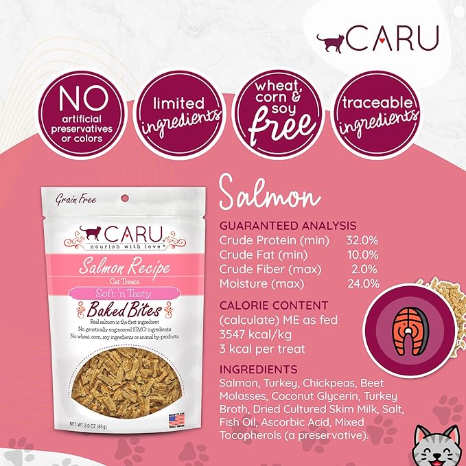 Caru - Soft ‘n Tasty Baked Salmon Bites - Natural Treats for Cats - Supports Muscle & Heart Health - Packed With Protein - Traceable Ingredients - Flavorful - Non-GMO - Made in USA - 3 oz - 1 Pack