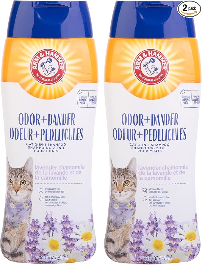 Arm & Hammer 2-in-1 Deodorizing & Dander Reducing Shampoo for Cats, Baking Soda Cat Shampoo for Dander, Odor Control and Coat Cleaning, Lavender Chamomile Scent, 20 Fl Oz - 2 Pack