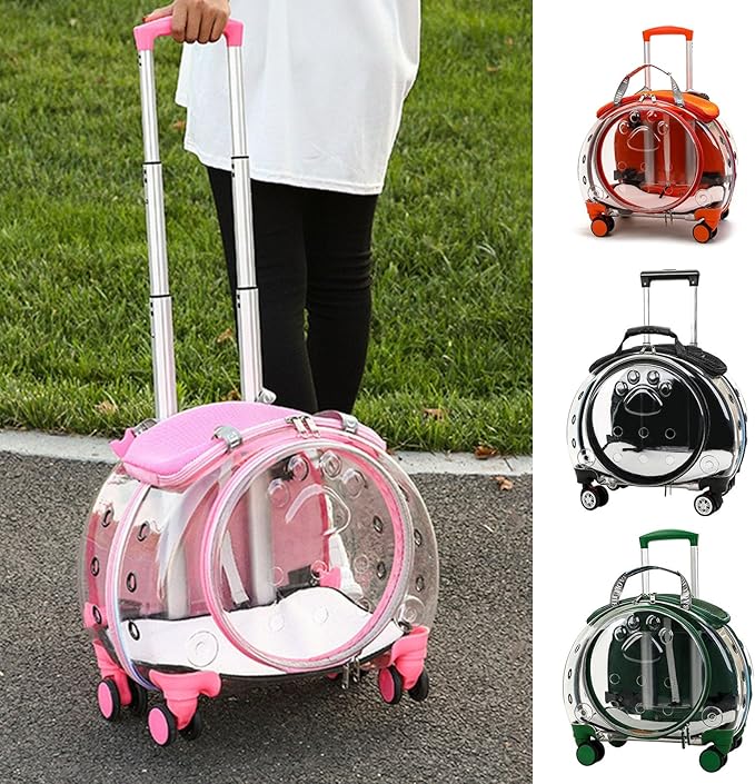 Cat Stroller, Clear Cat Carrier with Ventilation Holes, Silent Wheels, Convenient Portable Cats Dogs Backpack for Travel, Suitable for Cat Within 5kg, Dog Within 4kg Pink