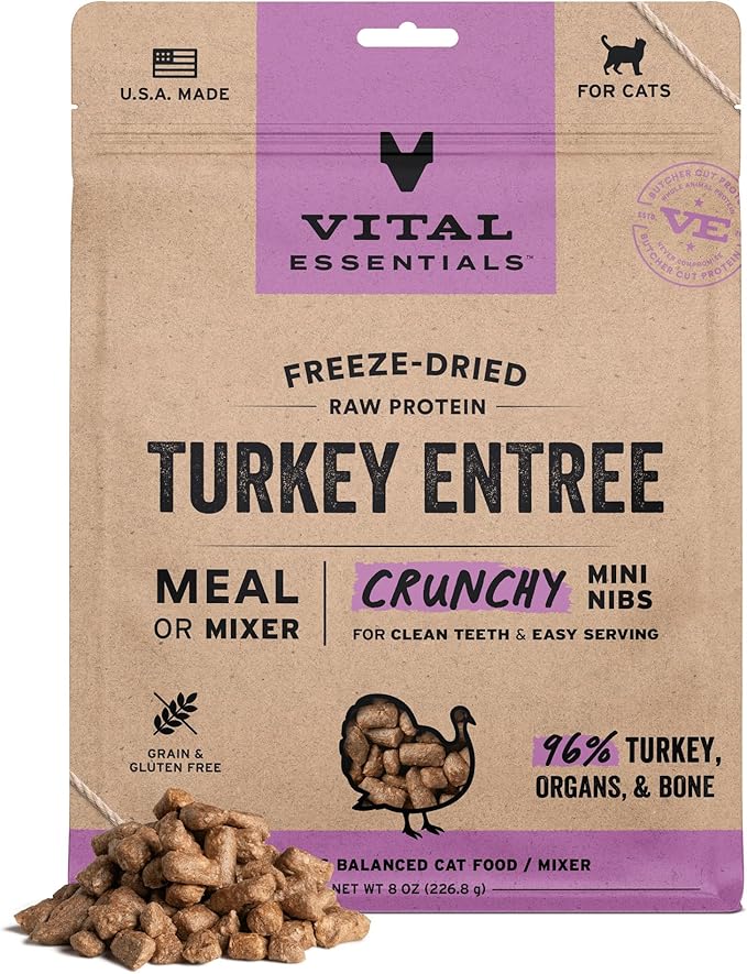 Vital Essentials Freeze Dried Cat Food, Raw Turkey Crunchy Mini Nibs | Complete Meal or Topper | 96% Turkey, Organs & Bone | Limited Ingredient, High Protein, Grain Free Dry Cat Food | 8 oz Bag