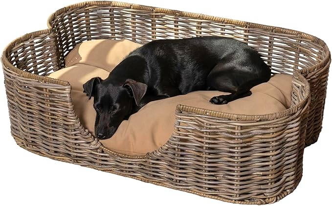 DBD1003A Scallop 31" x 20" Tropical Handwoven Rattan Dog Bed with Machine Washable Cushion, Kubu Gray