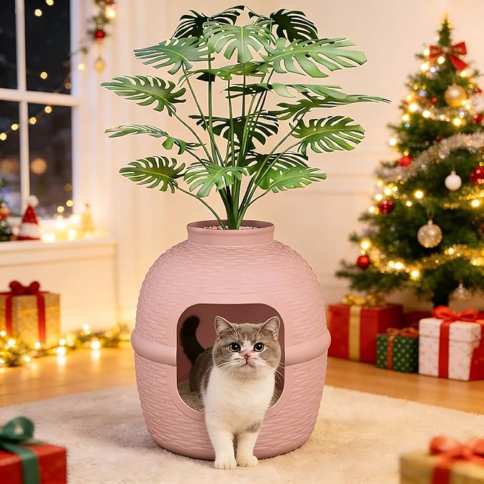 FansaFurn Large Cat Litter Box, Hidden Litter Box with Faux Plant, Heavy Duty Litterbox Enclosure Furniture with Rattan Pattern, PP Cat Box Enclosure Furniture for Living Room, Bedroom, Pink
