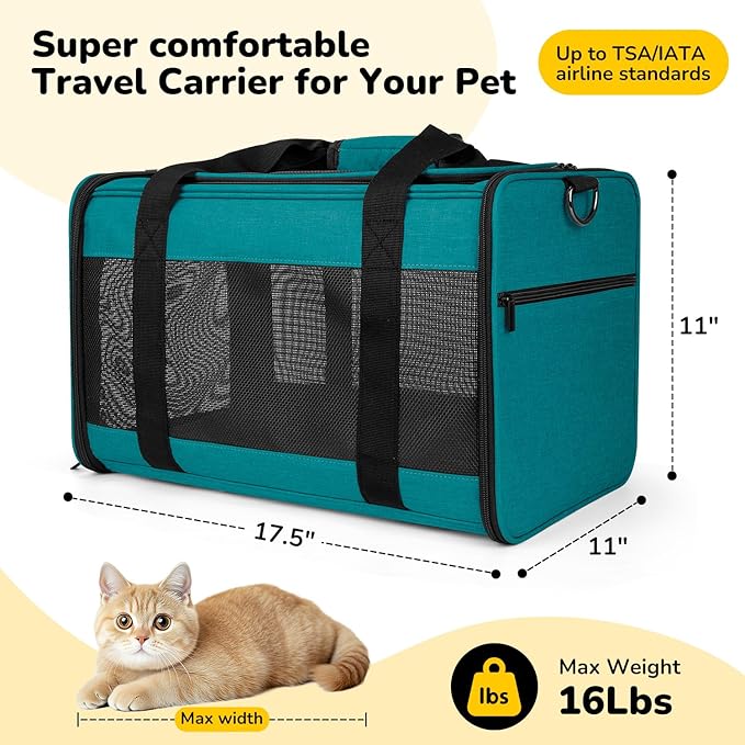Hipubby Cat Carrier Dog Carrier for Pets Up to 16 Lbs, Soft-Sided Pet Travel Carrier for Cats and Small Dogs, Airline Approved Pet Carrying Case with Shoulder Strap & Removable Mat - Blue