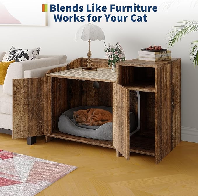 Garvee Cat Litter Box Enclosure Furniture Wooden Hidden Litter Box Cabinet with Vent Door Left Side Storage Drawer Shelf Small Storage Cabinet Raised Legs Top Protectors