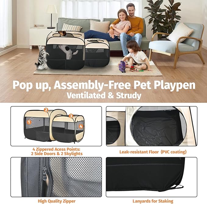 EighteenTek® 2-in-1 Portable Cat Playpen(End Doors), Pop up Kitten Playpen, Assembly-Free, Pet Tent Crates Kennel Cage Enclosure for Dog Puppy Indoor Outdoor(Beige)(No Divider, Unified Space)