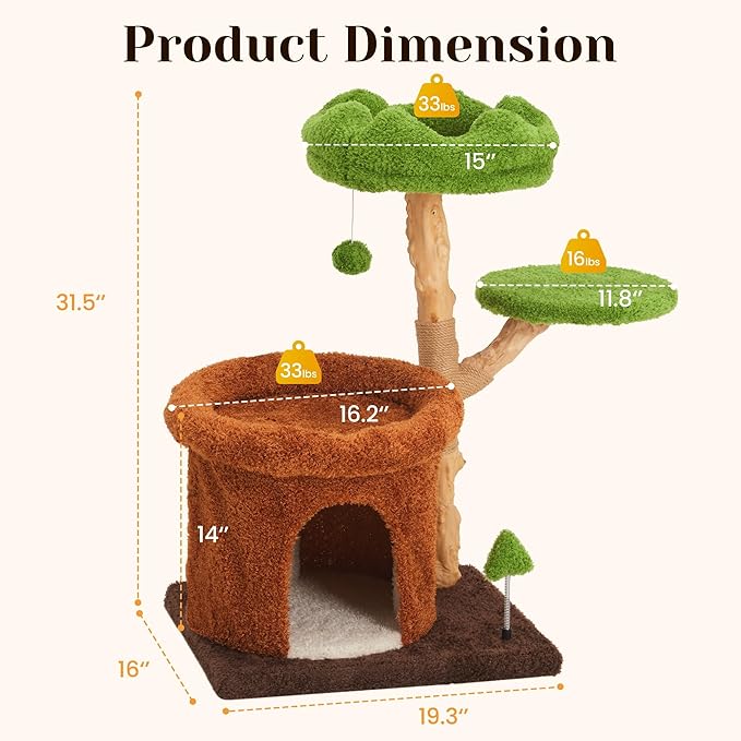 Fansafurn Cat Tree with Scratching Posts, Multi-Level Cute Cat Tower for Playful Cats and Multiple Cats, 32" Wooden Climbing Tower with Natural Wood, Bed & Condo