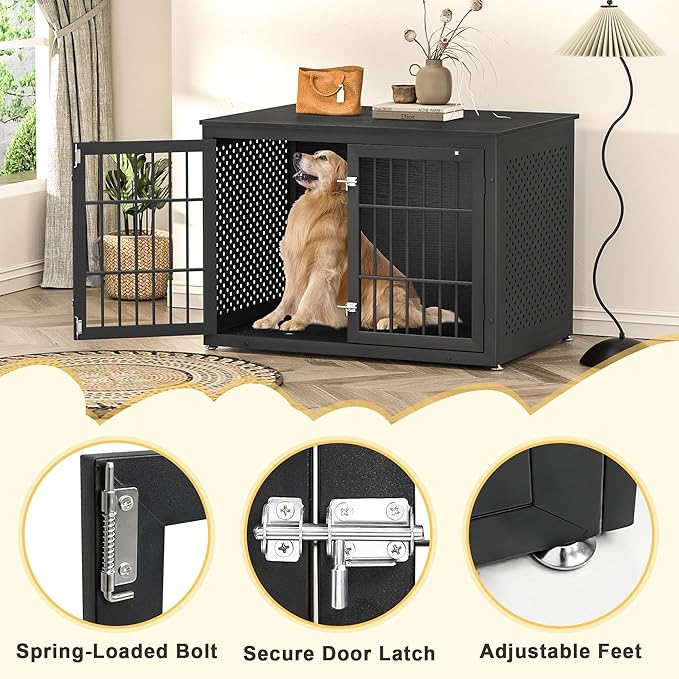 rehomerance 42" Heavy Duty Dog Crate Furniture for Large and Medium Dogs, Enclosed Design Wooden Metal Kennel, Wooden Cage Furniture Indoor, Decorative Dog Kennel End Table