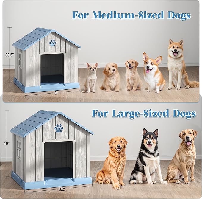 Bifanuo Dog House for Outdoor & Indoor Use with Window, Waterproof Ventilated Kennel with Elevated Floor, Easy to Clean Shelter for Small Medium Dogs (Blue, 29.9" L x 32.3" W x 32.5" H)