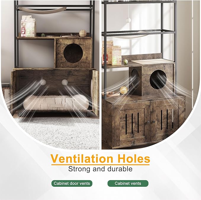 60-Inch Cat Litter Box Enclosure, Cat House with Storage Shelf, Sisal Hammock, Cat Condo, Play Ball and Reversible Door, Brown