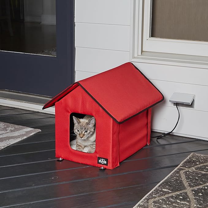 Heated Cat House - Double-Door Cat Bed with Zippered Roof, Pet Heating Pad, and Sherpa Cover - for Garage, Porch, Barn, or Basement by PETMAKER (Red)