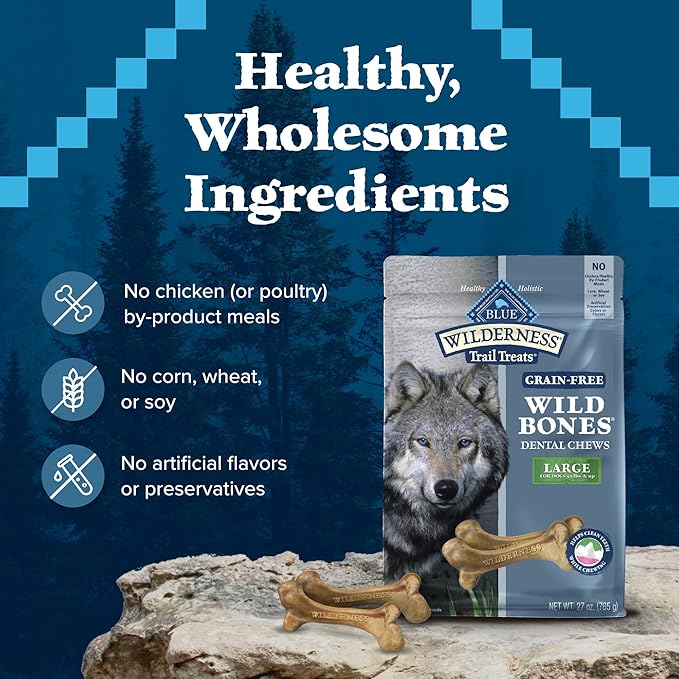 Blue Buffalo Wilderness Wild Bones Grain-Free Dental Chews Dog Treats, Large, 27-oz Bag, (Pack of 2)