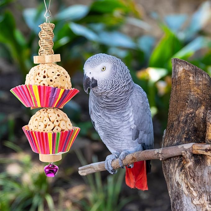 BESTonZON Parrot Chewing Hanging Bird Cage Accessory with Natural Rattan and Two Shreddable Balls for Parakeets and Small Birds to Chew and Play