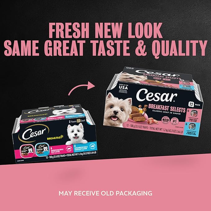 Cesar Classic Loaf in Sauce Wet Dog Food Breakfast Lovers, Smoked Bacon & Egg Flavor, and Scrambled Egg & Sausage Flavor, 3.5 oz. Easy Peel Trays, Wet Dog Food Variety Pack (12 Count, Pack of 2)