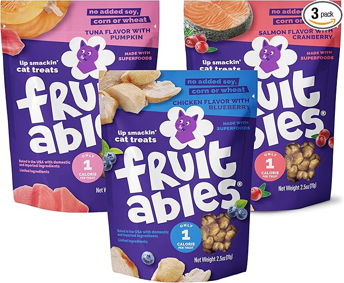 Fruitables Cat Treats - Crunchy Treats for Cats - Healthy Low Calories Packed with Protein - Free of Wheat, Corn and Soy - Made with Real Salmon, Tuna, Chicken - 2.5 Oz (3 Pk)