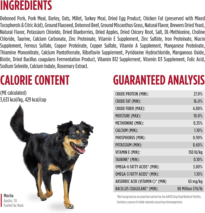 Nulo Frontrunner Dry Dog Food - Adult High-Protein Pork, Barley & Beef Recipe, Natural Kibble with Ancient Grains, Probiotics, Taurine, Omega 3 for Small, Medium and Large Breeds, 25lb Bag