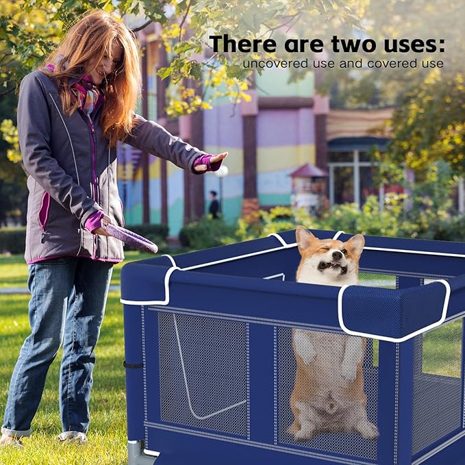 Dog Playpen 42 × 42 Inch, Puppy PlayPen with Gate for Puppies, Cat, Small and Medium Dogs, Pet PlayPen with Roof for Outdoors & Indoors, Thickened Fabric, Safe & Sturdy Dog Fence