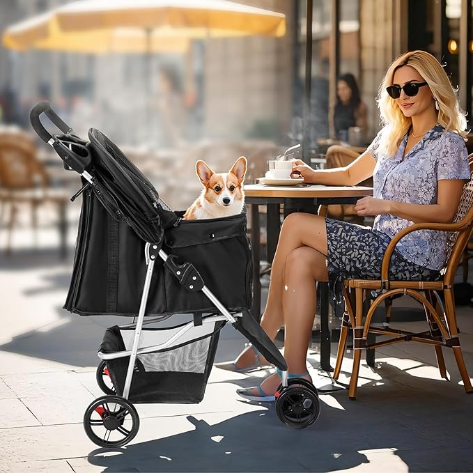 Smug 3 Wheels Pet Stroller, Dog and Cat Strollers, Storage Basket and Cup Holder, Breathable Mesh, Lightweight Travel Carrier, Waterproof and Foldable for Small Pets Outdoor Walk, Black
