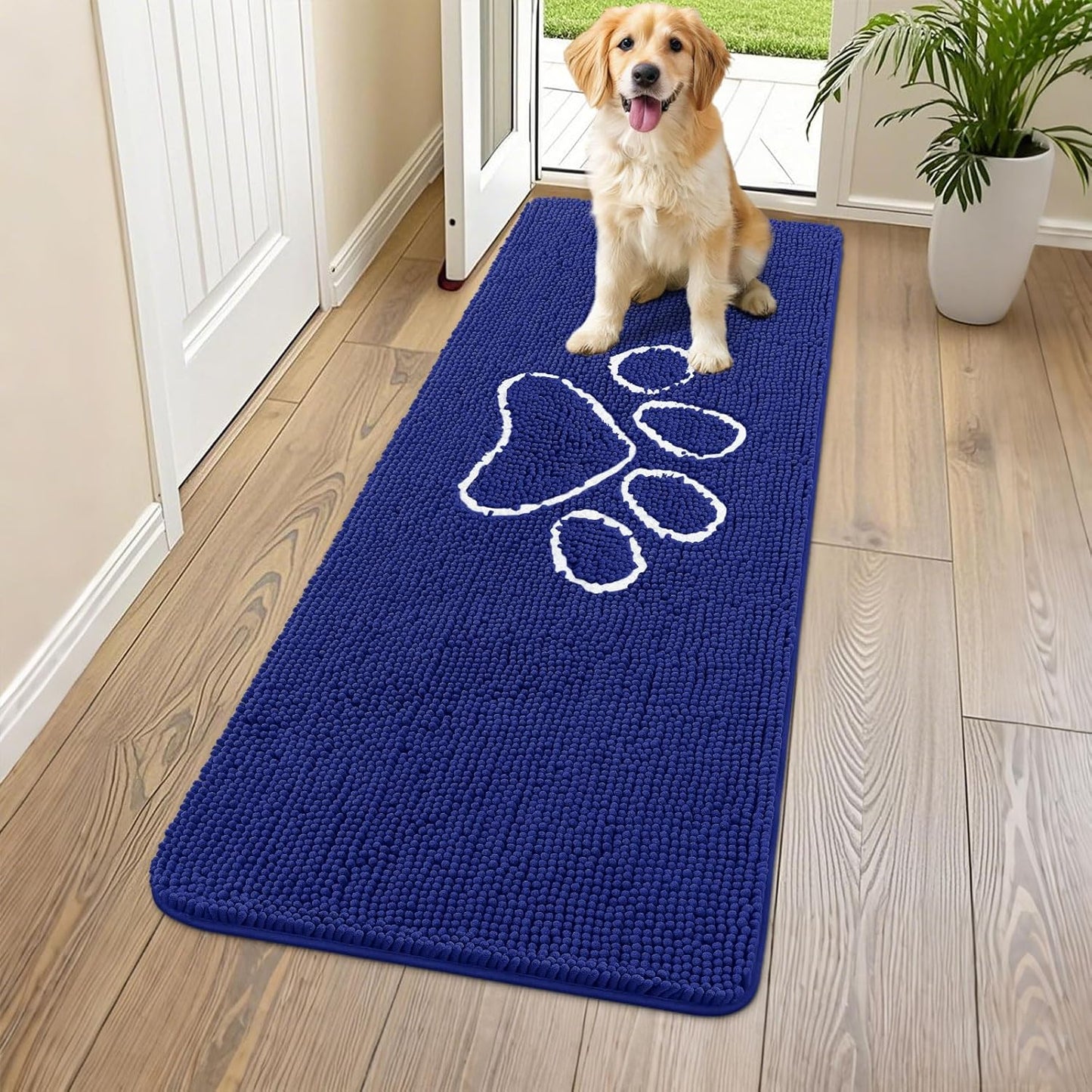 Smiry Dog Door Mat for Muddy Paws, Absorbent Dirt Trapper Non Slip Quick Dry Washable Chenille Mat for Mud Dogs, Entry Rug for Indoor and Outdoor (59x24 Inches, Navy Blue)