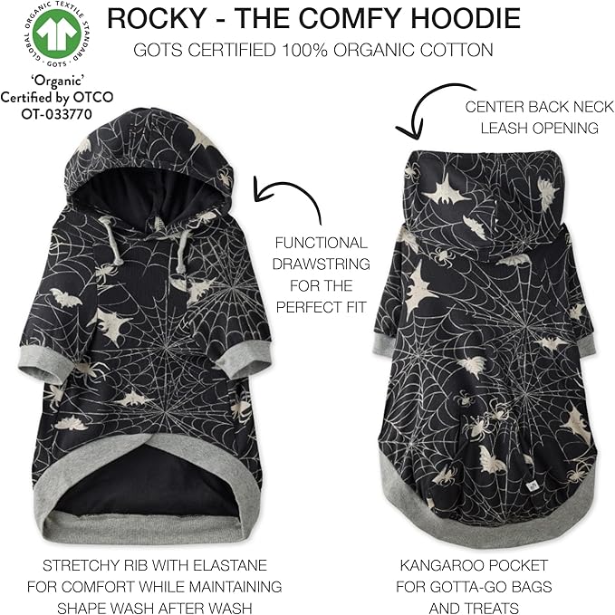 Pet Passion Rocky – The Original Lightweight Hooded Tee 100% Organic Cotton Dog Hoodie Pet Coat Sweater for All Sized Dogs, Batty Black, Medium (20-45 lbs)