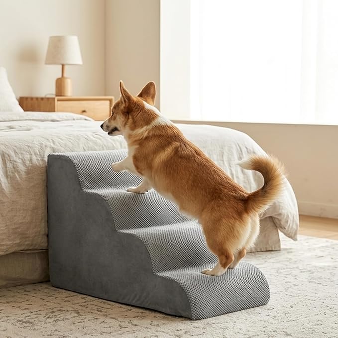 HealSmart Dog Stairs for Small Dogs, 4-Step Curved Design Pet Steps for Puppies & Senior Cats, High-Density Foam Indoor Non-Slip Ladder, Perfect for Sofa Couch and Chair Furniture Access, Gray