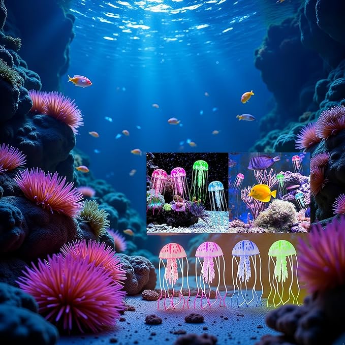 4 Pcs Fluorescence Jellyfish Aquarium Decorations for Large Small Fishtank Glowing Jellyfish Toy for Fish Tanks Jellyfish Decorations for Bedroom, Aquatic Pets