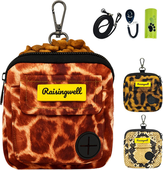 Dog Treat Pouch for Pet Walking and Training with Clicker Poop Bags and Double Bag Design Small Fanny Zipper Pack Holder for Puppy Snack Dispenser Kit for Leash and Outdoor Use Deer Hide Skin