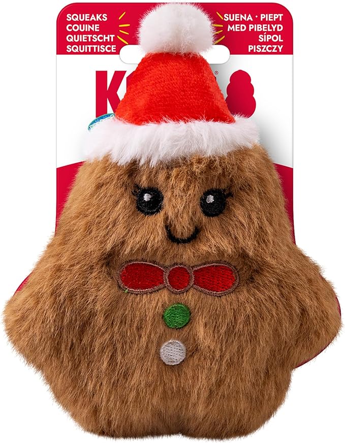 KONG Holiday Snuzzles Dog Toy – Plush Seasonal Characters, Full-Body Squeaker, Soft Holiday Cuddle Toy for Indoor Play (Gingerbread, Extra Small)