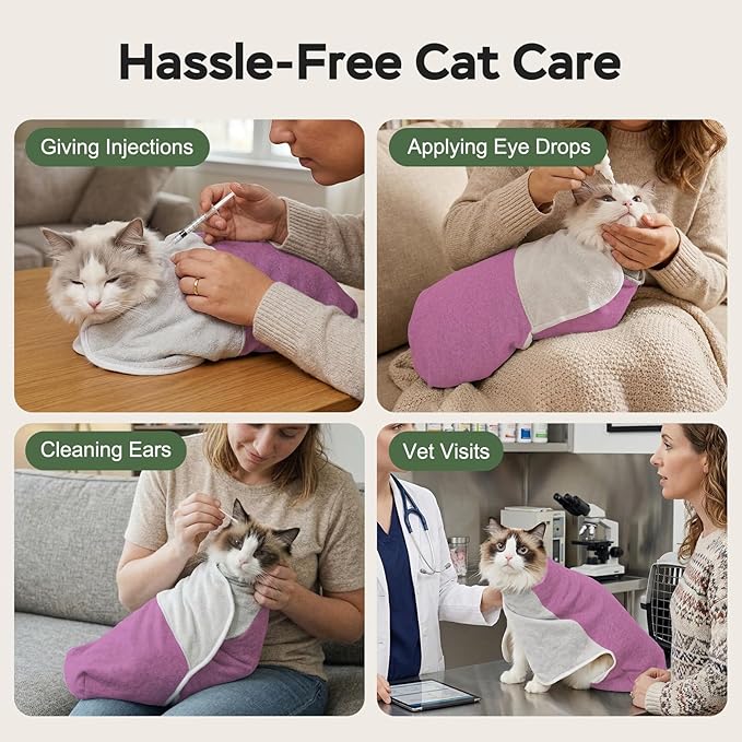 Cat Wrap for Cutting Nails, Self-Adhesive Cat Nail Clipping Restraint Bag, Anti-Scratch Cat Grooming Swaddle for Meds, SubQ Fluids, Ear Cleaning, Teeth Brushing & Vet Visits,Pinkish Purple,M