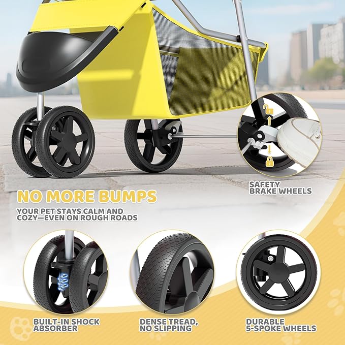 Magshion 3-Wheel Pet Stroller, Foldable Travel Jogger for Small & Medium Dogs & Cats (Up to 33lbs), Lightweight Carrier with Breathable Mesh Cover, Cup Holder & Storage Basket, Yellow