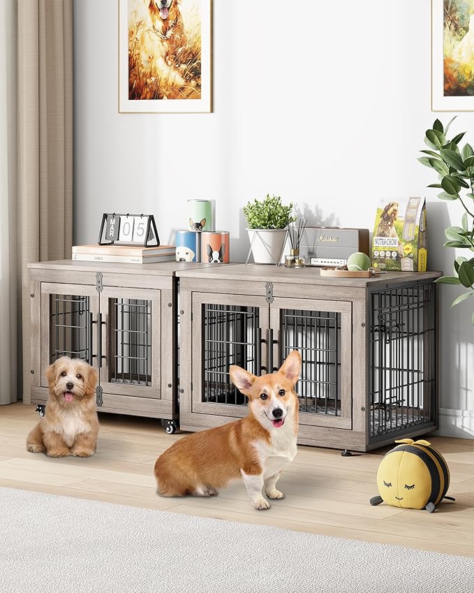 YaFiti Dog Crate Furniture with Cushion Set of 2, Wooden Dog Kennel Indoor with Double Doors, Dog Cage with Wheels, Dog House Side End Table for Small Dogs up to 30 lb, 27.2" L, Grey