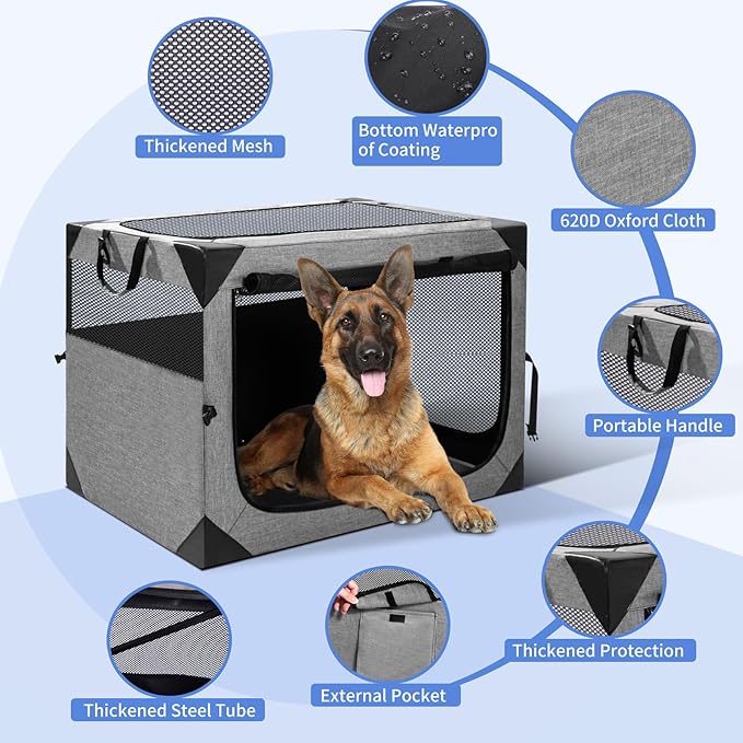 Dog Crate,36x25x25 Inch Large Dog Crate for Large or Medium Dogs, Portable and Foldable Design of Dog Cage, Perfect for Travel or Home Use, Dog Kennel with 3-Door and Durable Mesh Windows, Light Grey