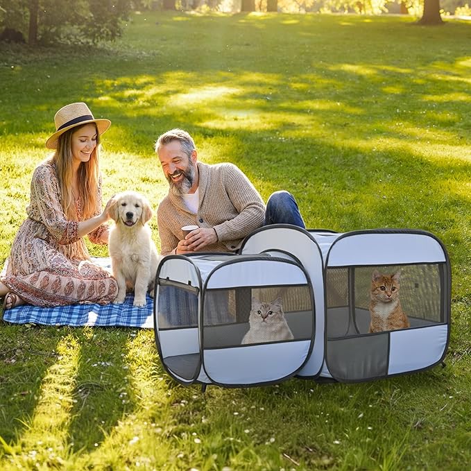 EighteenTek® 2-in-1 Portable Cat Playpen(End Doors), Pop up Kitten Playpen, Assembly-Free, Pet Tent Crates Kennel Cage Enclosure for Dog Puppy Indoor Outdoor(No Divider, Unified Space)