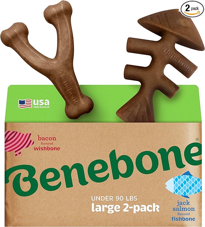 Benebone 2-pack Fishbone/Wishbone Durable Dog Chew Toys, Real Fish, Real Bacon, Made in USA, Large