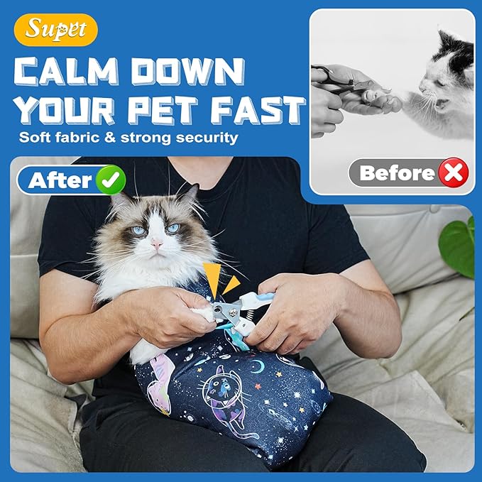 Supet Cat Grooming Wrap for Cutting Nails, 2026 Self-Adherent Cat Wrap, Anti-Escape Calming Cat Swaddle Wrap for Medicine, Nail Clipping, Teeth Brushing, Ear Cleaning (Space, L)