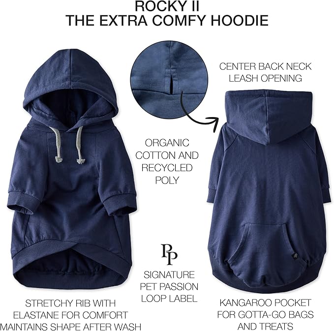 Pet Passion Rocky II - The Extra Comfy Hoodie, Organic Cotton and Recycled Poly Dog Hoodie Pet Coat Sweater for Small, Medium, Large Dogs, Navy, XXX-Small (up to 5lbs)