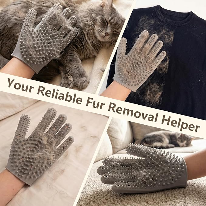 Pet Grooming Gloves for Cats & Dogs, Silicone Pet Hair Removal Glove for Bathing, Shedding & Massage, Gentle Cat & Dog Grooming Glove for Long & Short Hair Pets（Grey-Medium）